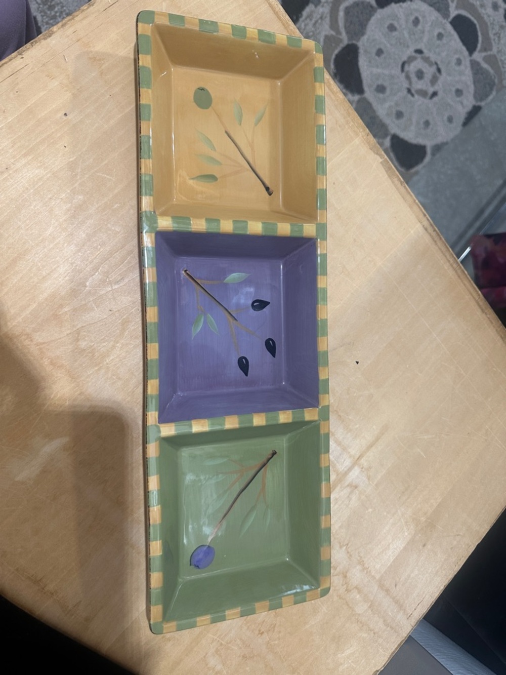 Hand-Painted Three-Compartment Serveware Tray in Yellow, Purple, and Green